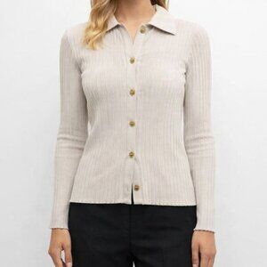 Vince Ribbed Polo-Collar Button-Front Cardigan Top in Salt Glass – Size XXS
